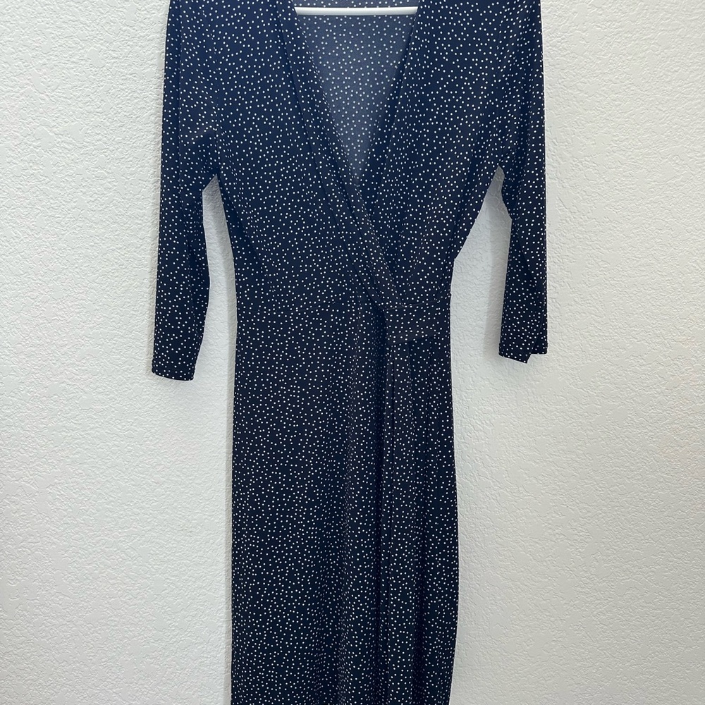 Elegant Navy Blue Polka Dot Wrap Dress